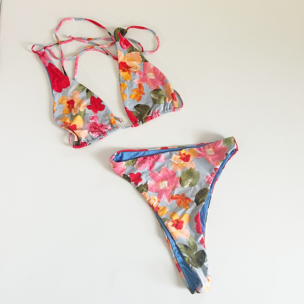9.0 Swim Womens Floral Tropical Resortwear High Cut Triangle Bikini Set Size 8